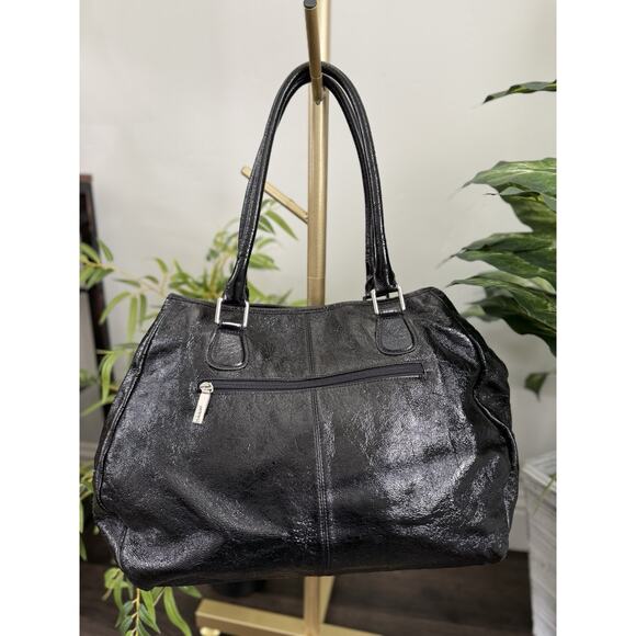 HOBO Black Patent Leather Large Double Handle Purse Magnetic Closure Pockets - Picture 3 of 16
